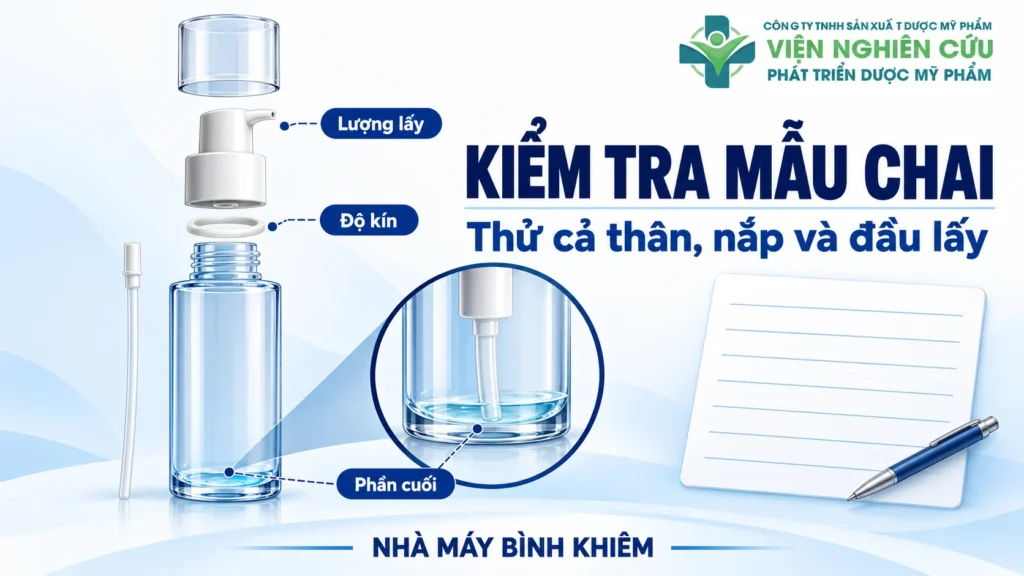 Minh họa: kiểm tra mẫu chai mỹ phẩm — Nhà máy Bỉnh Khiêm