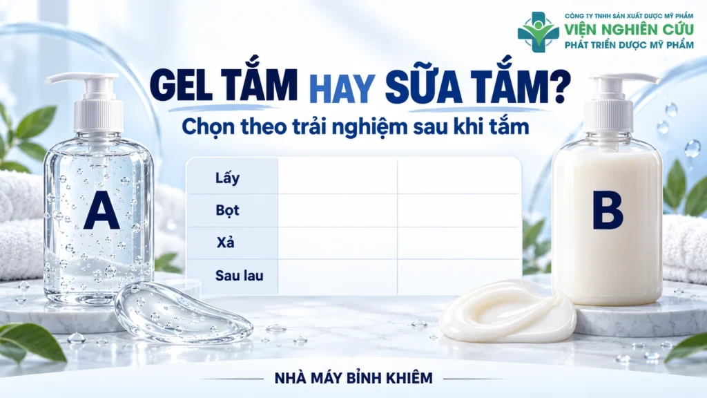 Minh họa: sữa tắm và gel tắm gia công — Nhà máy Bỉnh Khiêm